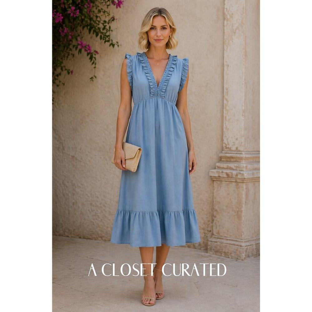 Masscob Sabinal Ruffled Midi Dress V Neck Sleeveless Cotton Large Blue